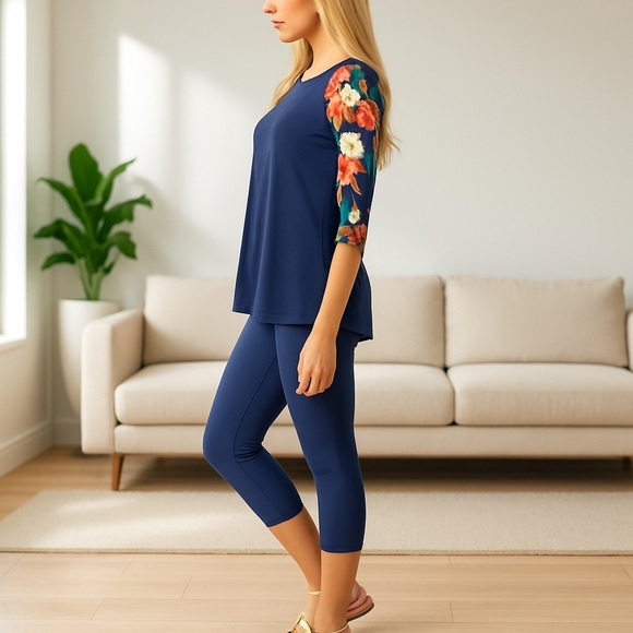 OS/TC/TC2 NEW Women Navy Blue Capri Leggings YOGA WAIST Summer Crop Pants - Picture 9 of 14